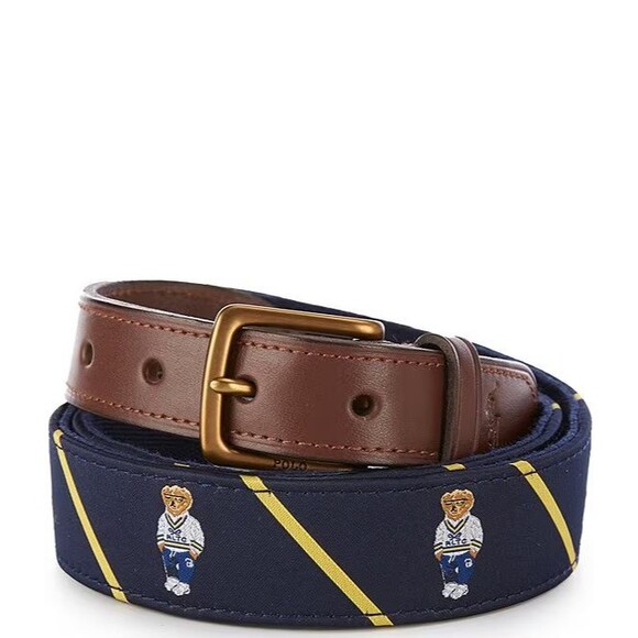 NWT Polo Ralph Lauren MEN'S BELT 38 Polo Bear Leather-Trim Belt - Picture 1 of 7